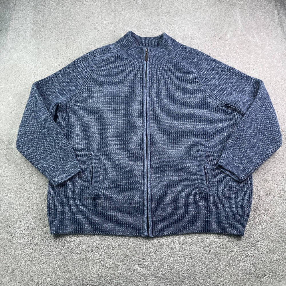 LL Bean Sweater Mens XXL Tall Blue Ribbed Chunky Cotton Full Zip Fisherman